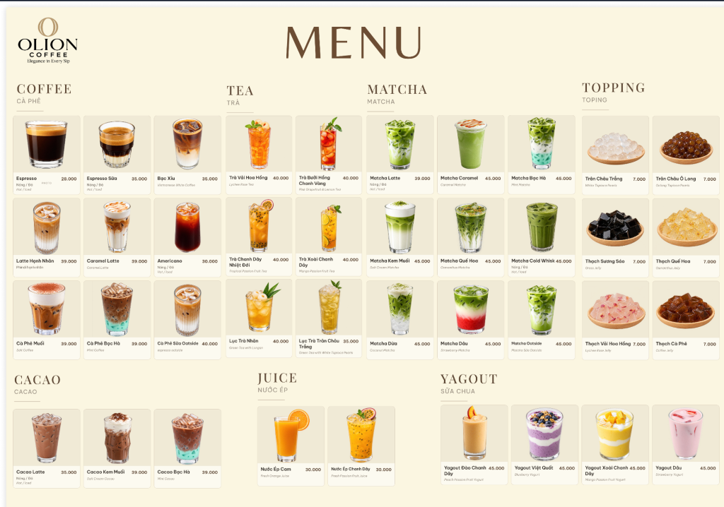 Bảng menu tổng Olion Coffee đầy đủ các món